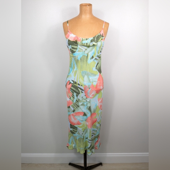 Vintage Jessica Ash Tropical Midi Dress Ruffle Neck Size Small Made in USA - Picture 1 of 15